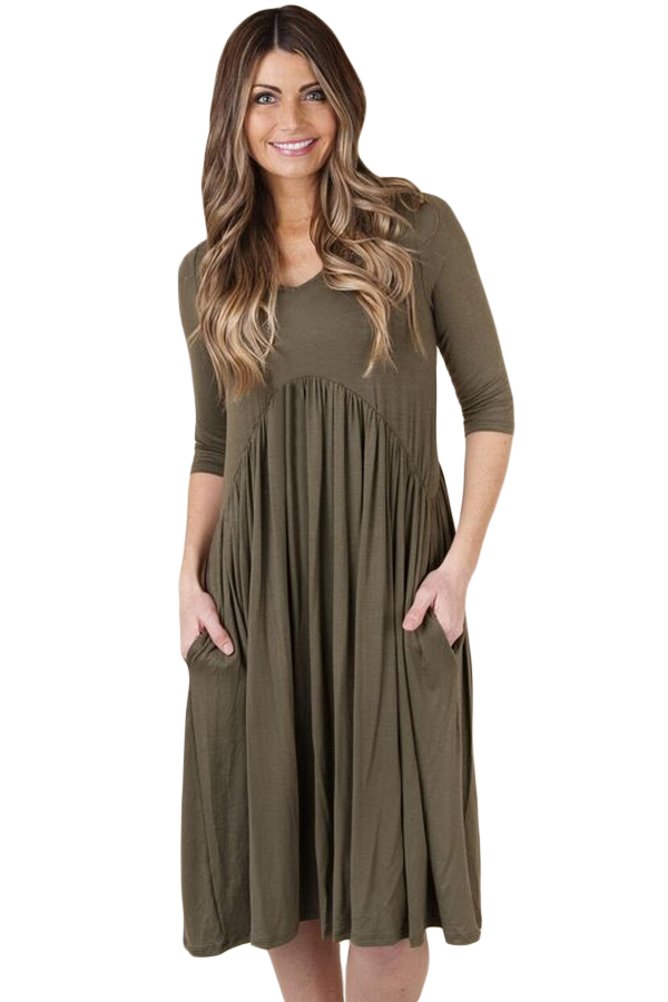 BY61653-9 Army Green  Sleeve Draped Swing Dress